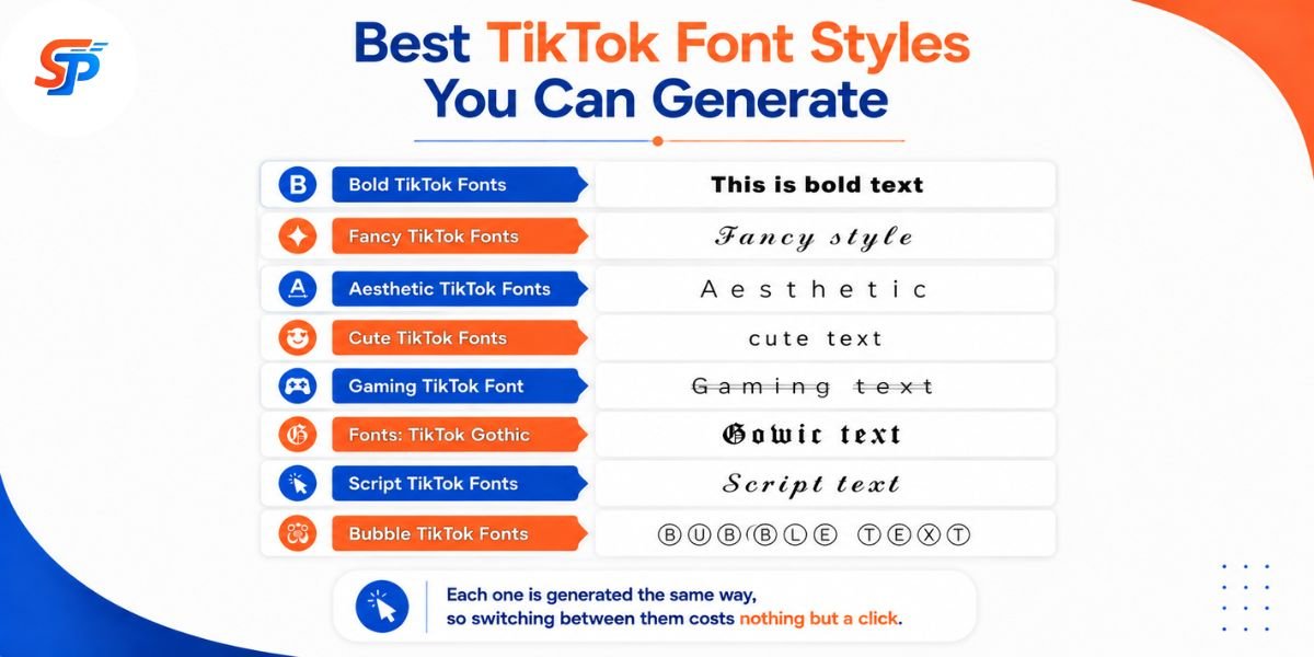 Popular TikTok font styles including bold, fancy, aesthetic, and gothic text.