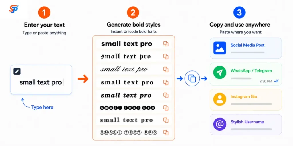 Flowchart diagram showing how to use the bold text generator step by step, from entering text to copying generated bold styles.