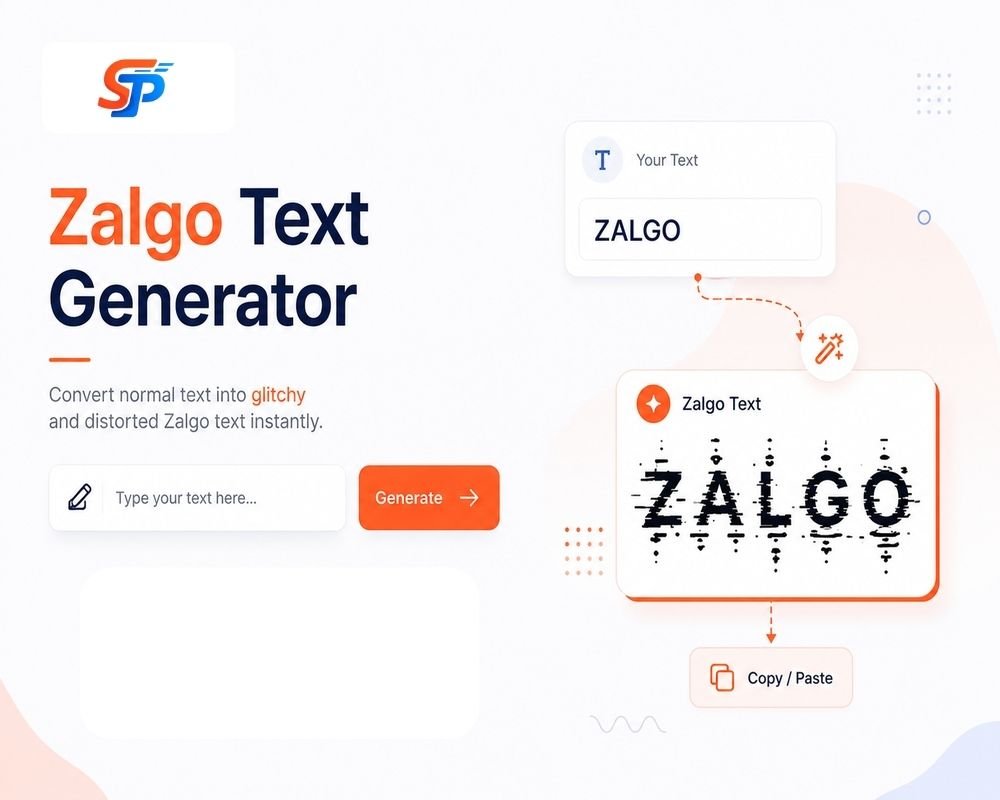 Step-by-step guide diagram showing how to use the Zalgo text generator tool, including typing text, adjusting corruption intensity, selecting combining mark directions, and copying the generated text.