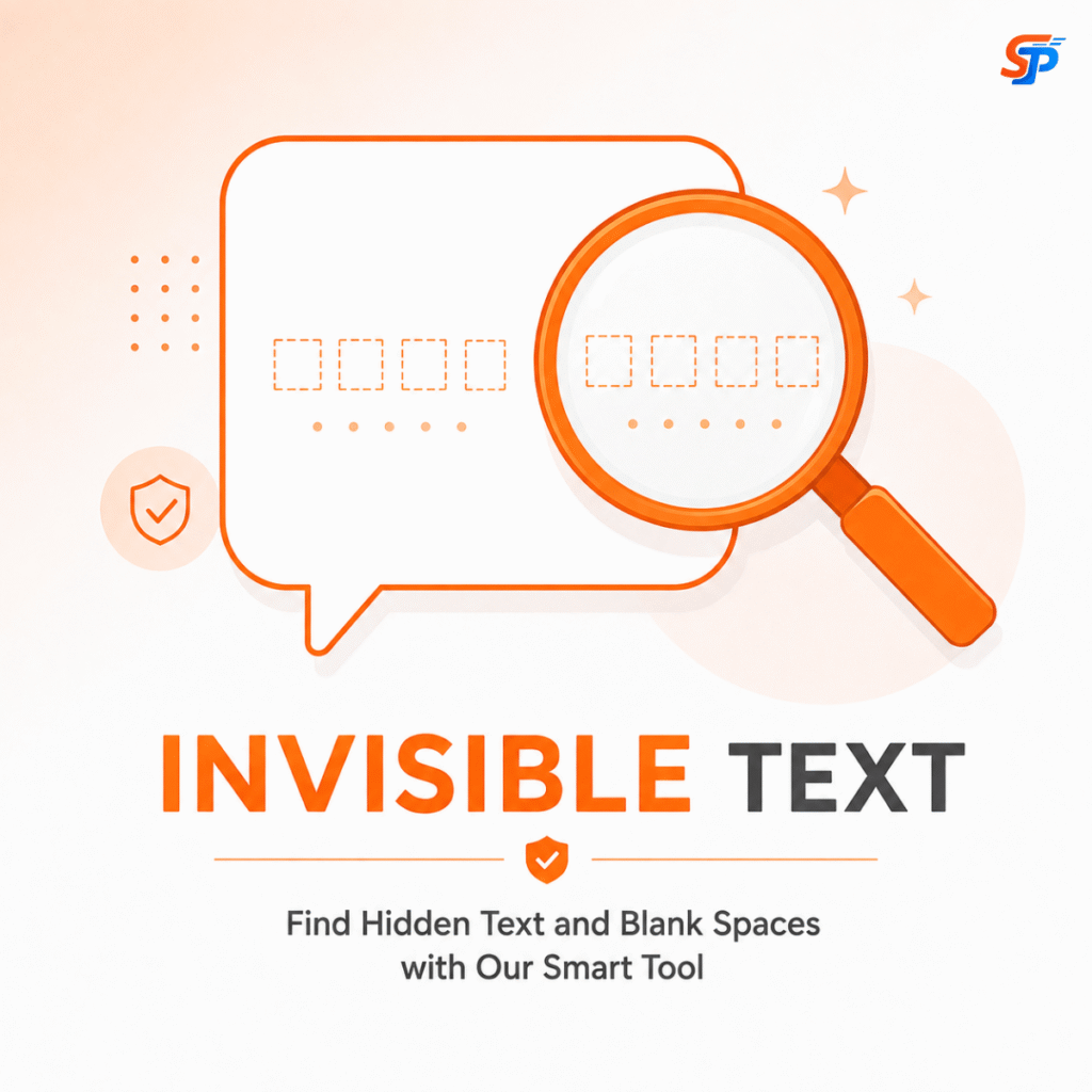 An illustration featuring a magnifying glass focused on a search bar containing the words "INVISIBLE TEXT" inside an orange rounded rectangle.