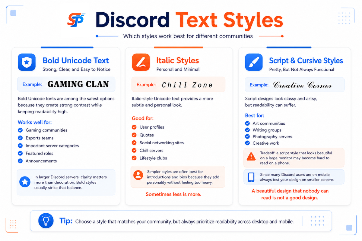 Infographic showing popular Discord text styles and guidelines on when to use them.