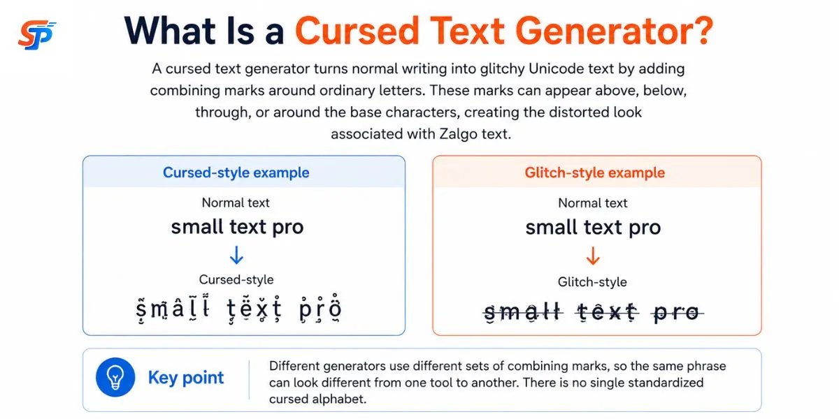 What Is a Cursed Text Generator infographic showing creepy unicode text styles