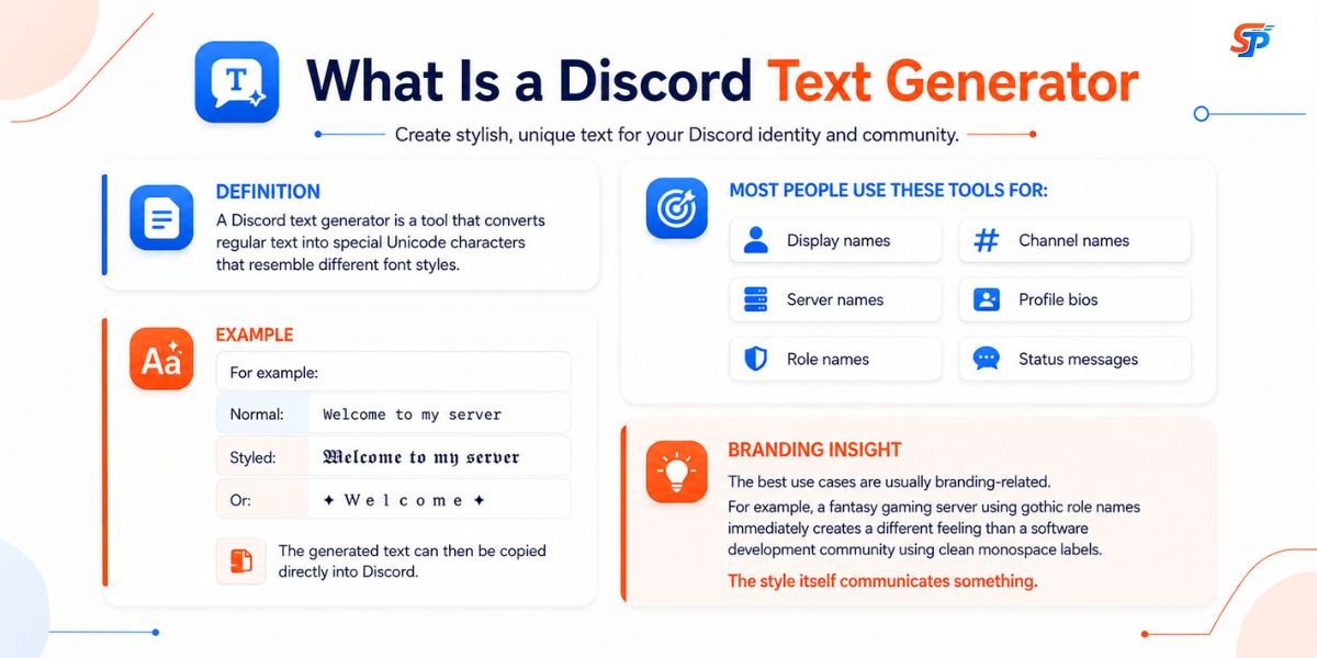 Discord Text Generator interface showing fancy text styles and options
