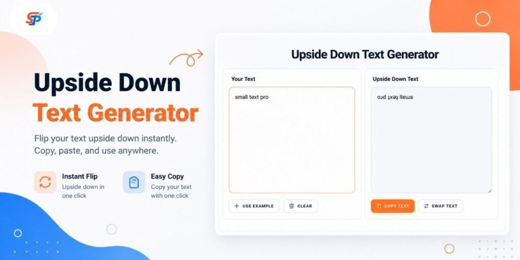 Screenshot of the upside-down text generator tool displaying flipped Unicode text conversion