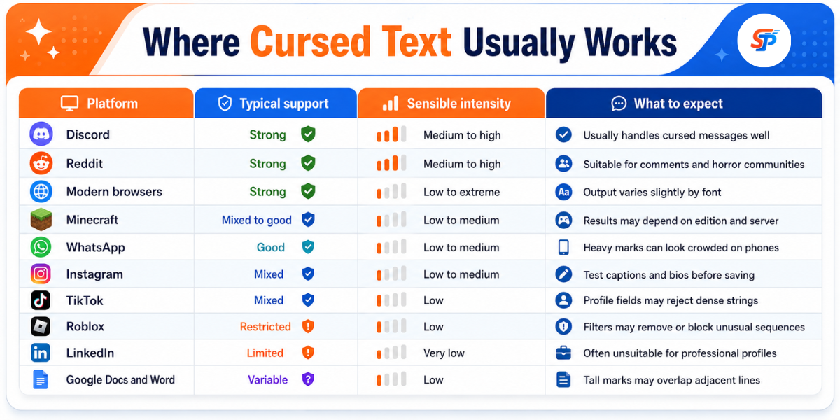 Where Cursed Text Usually Works compatibility chart showing app support