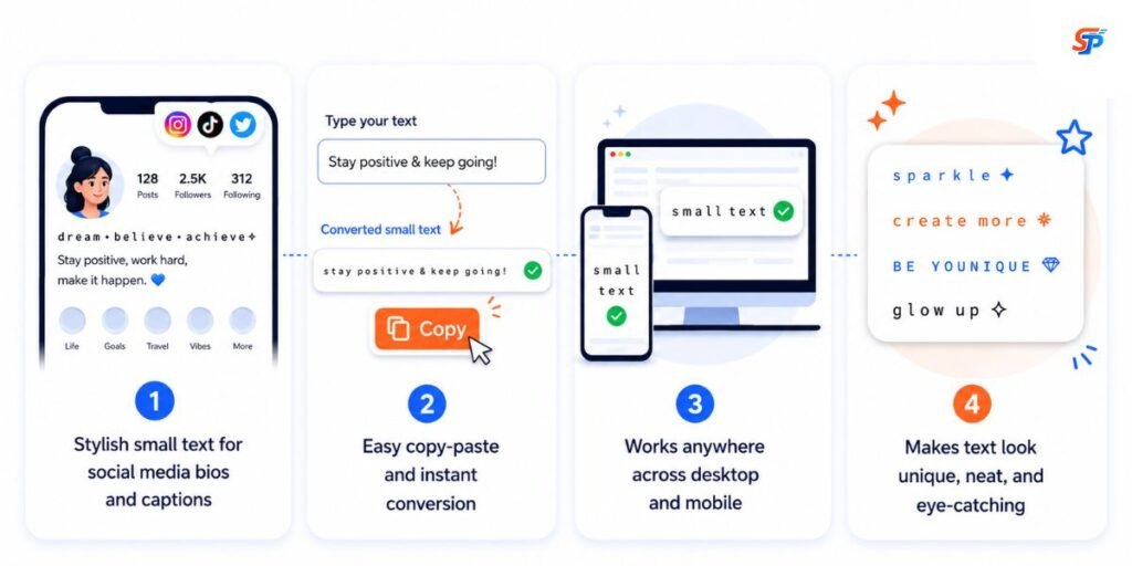 Infographic highlighting four common reasons to use a small text generator: unique usernames, social media bios, custom captions, and gaming profiles.