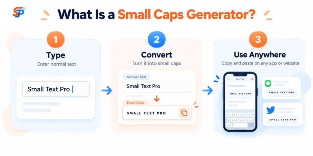 Illustrative graphic explaining what a Small Caps Generator is, showing a smartphone and laptop interface converting normal text into small caps.