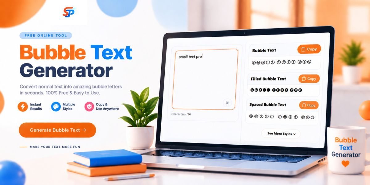 Illustration showing how to create bubble text online with a text input box, step-by-step conversion, and copy-paste options.