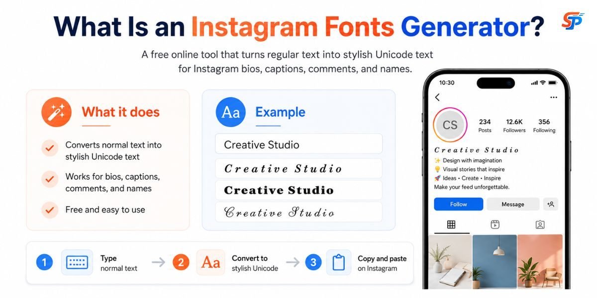 Instagram fonts generator interface showing stylish text options for bios and captions.