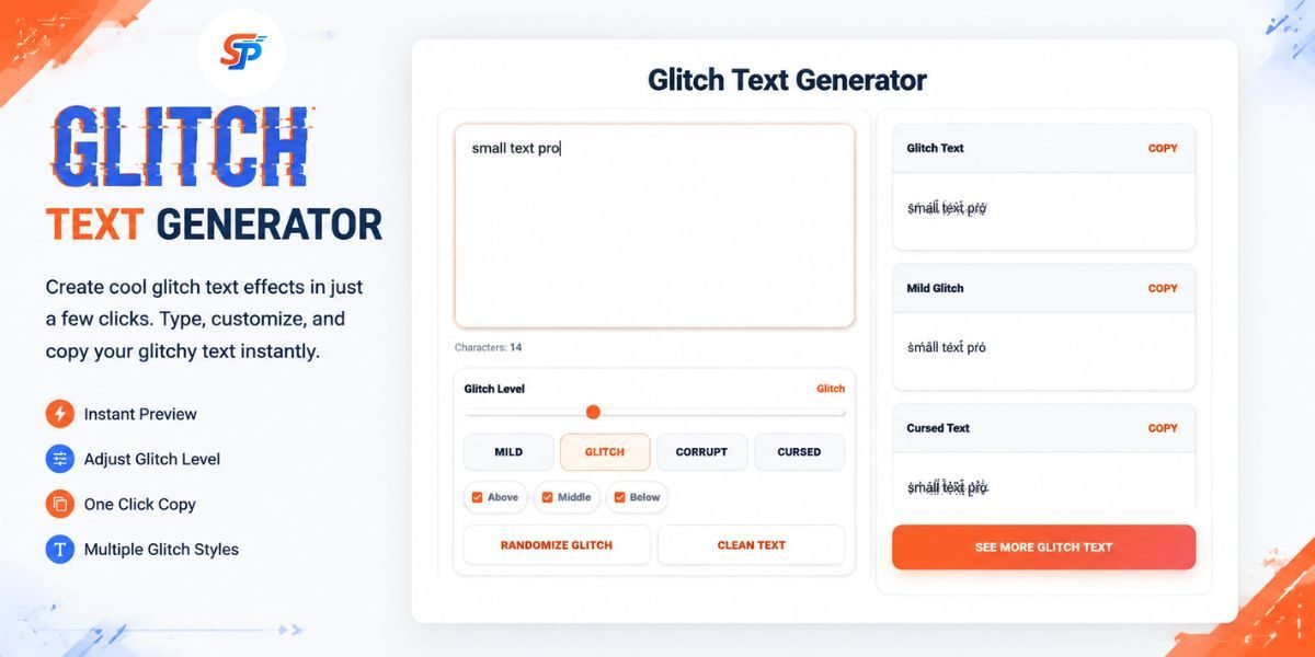 A preview of the Glitch Text Generator tool interface on SmallTextPro, showing text input and distortion options.